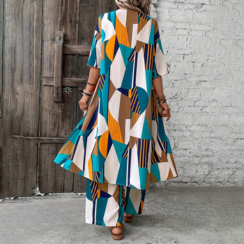 Γυναικείο σετ cardigan και wide-leg παντελόνια, γεωμετρικό μοτίβο, ύφαντος πολυεστέρας, 95% πολυεστέρας, χωρίς σιδέρωμα, ημι-μνάκι