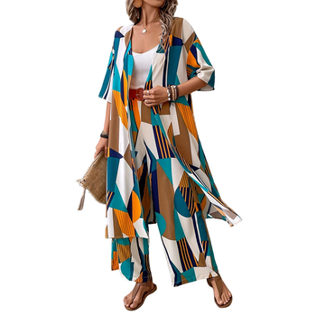 Γυναικείο σετ cardigan και wide-leg παντελόνια, γεωμετρικό μοτίβο, ύφαντος πολυεστέρας, 95% πολυεστέρας, χωρίς σιδέρωμα, ημι-μνάκι