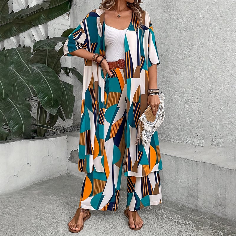 Женски комплект: кардиган и широки панталони, геометричен принт, тъкана полиестерна материя, 95% полиестер, без гладене, половин ръкав