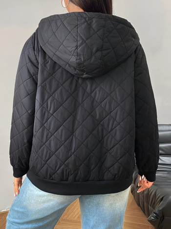 Palton din bumbac cu umplutură, mărime plus, glugă, stil european-american, iarnă 2024, lungime medie, guler rever