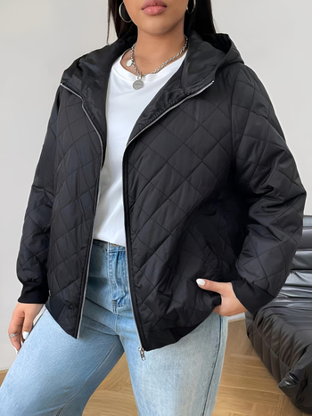 Palton din bumbac cu umplutură, mărime plus, glugă, stil european-american, iarnă 2024, lungime medie, guler rever