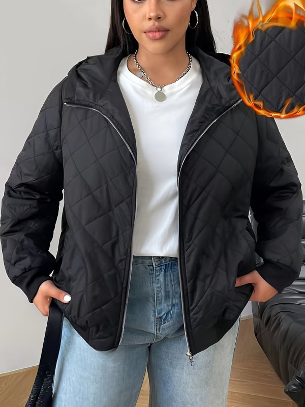 Palton din bumbac cu umplutură, mărime plus, glugă, stil european-american, iarnă 2024, lungime medie, guler rever