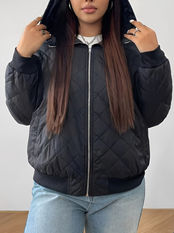 Palton din bumbac cu umplutură, mărime plus, glugă, stil european-american, iarnă 2024, lungime medie, guler rever