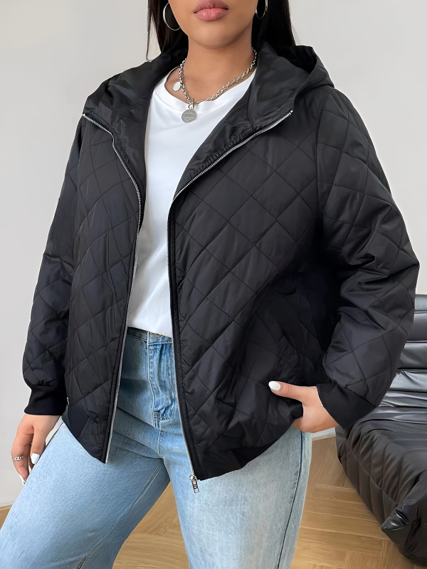 Palton din bumbac cu umplutură, mărime plus, glugă, stil european-american, iarnă 2024, lungime medie, guler rever