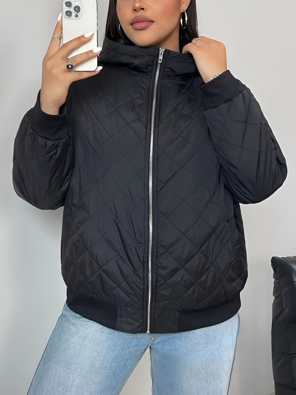 Palton din bumbac cu umplutură, mărime plus, glugă, stil european-american, iarnă 2024, lungime medie, guler rever