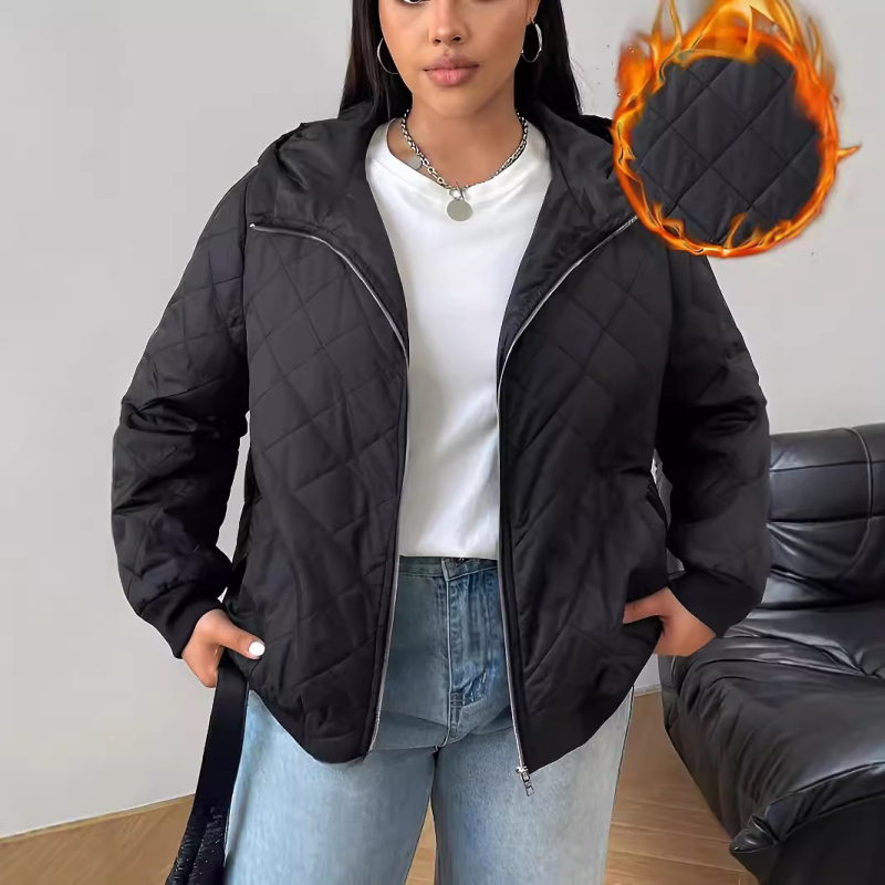 Palton din bumbac cu umplutură, mărime plus, glugă, stil european-american, iarnă 2024, lungime medie, guler rever