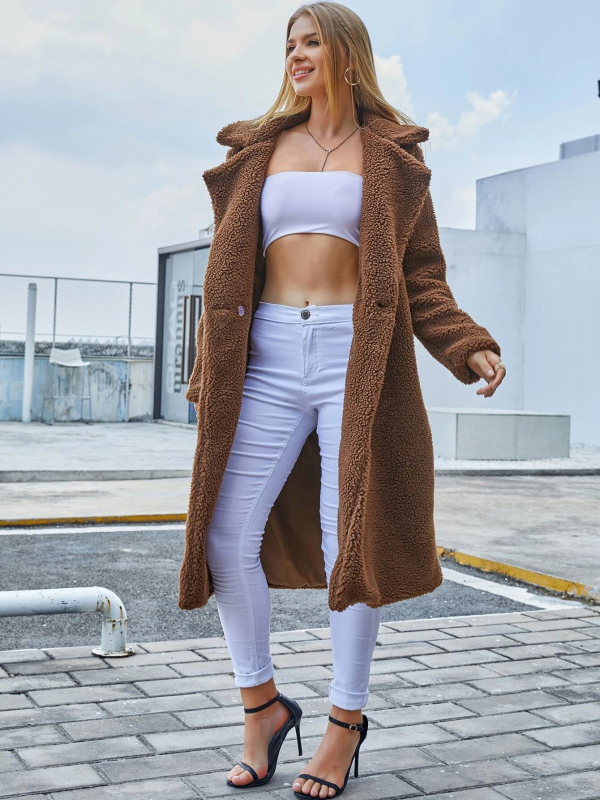 Női hosszú fleece kabát galléros, poliészter–spandex keverék, egyszínű minta, kolázs dizájn, hosszú szabás, 2023-as kiadás