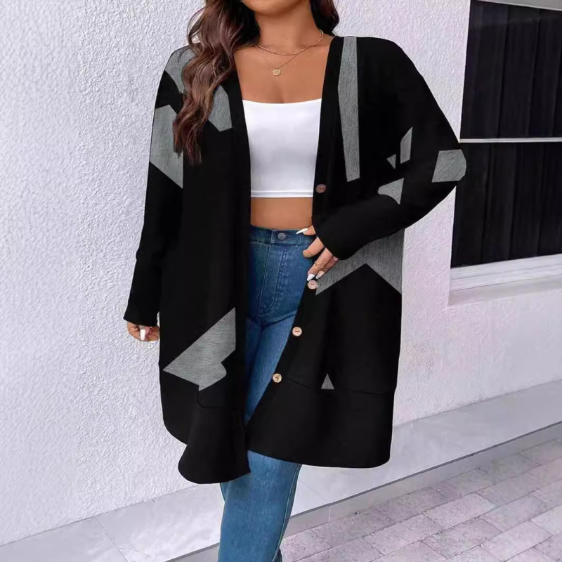 Női hosszú kötött kardigán – poliészter-elasztán keverék, nyomtatott kollázs minta, gallér nélkül, hosszú ujjú, hossz 80–100 cm