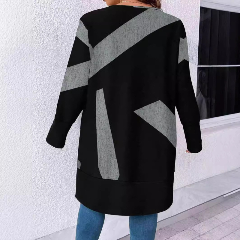 Női hosszú kötött kardigán – poliészter-elasztán keverék, nyomtatott kollázs minta, gallér nélkül, hosszú ujjú, hossz 80–100 cm