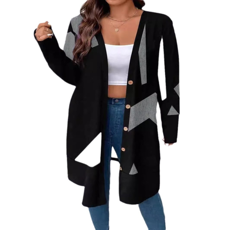 Női hosszú kötött kardigán – poliészter-elasztán keverék, nyomtatott kollázs minta, gallér nélkül, hosszú ujjú, hossz 80–100 cm