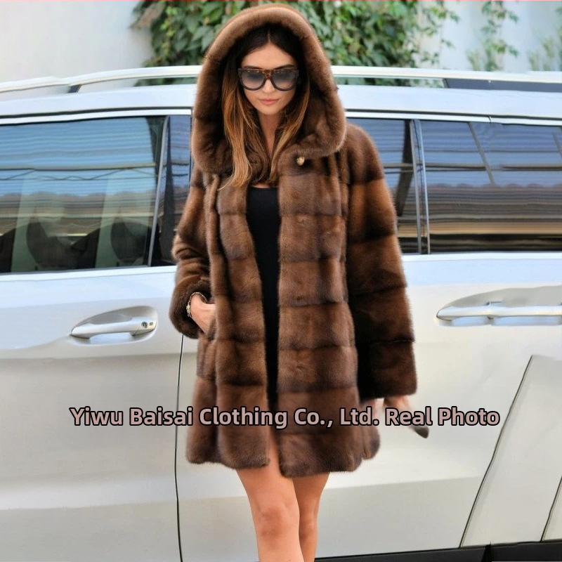 Palton damă din blană artificială, lungime medie, glugă, mâneci lungi, stil elegant