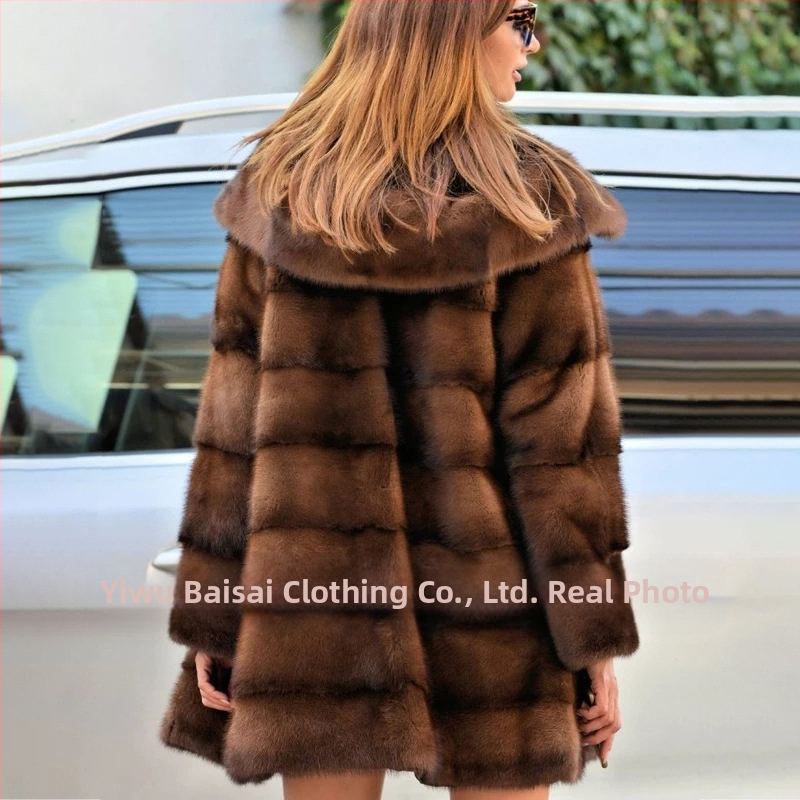 Палто от изкуствена козина за жени, средна дължина, качулка, дълги ръкави, елегантен стил