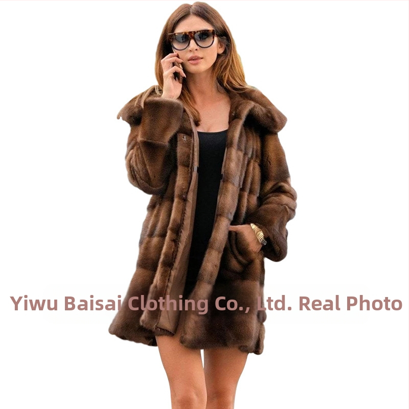 Палто от изкуствена козина за жени, средна дължина, качулка, дълги ръкави, елегантен стил