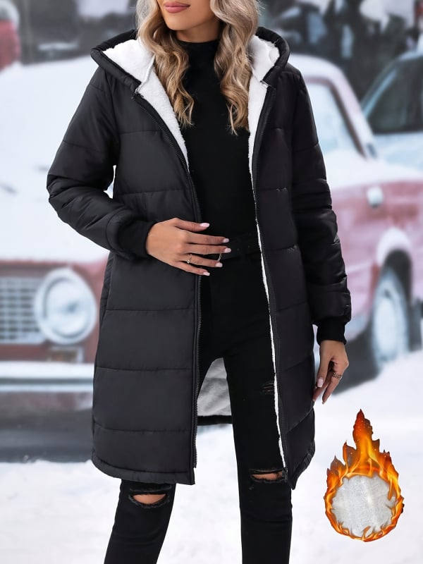 Jachetă lungă cu glugă, poliester, umplutură din bumbac imitatie de mătase, conținutul principal al materialului 95%+, mâneci lungi, gros