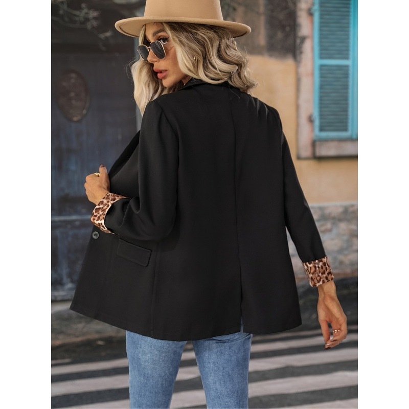 Női laza szabású hosszú ujjú poliészter blazer, egyszínű mintázat, lótuszleveles gallér, egygombos elülső záródás