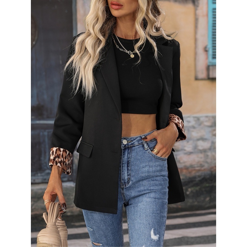 Női laza szabású hosszú ujjú poliészter blazer, egyszínű mintázat, lótuszleveles gallér, egygombos elülső záródás