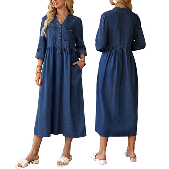 Дънена рокля със стойка яка, дълги ръкави, дълга пола, измита повърхност, памук-еластанова смес