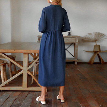 Дънена рокля със стойка яка, дълги ръкави, дълга пола, измита повърхност, памук-еластанова смес