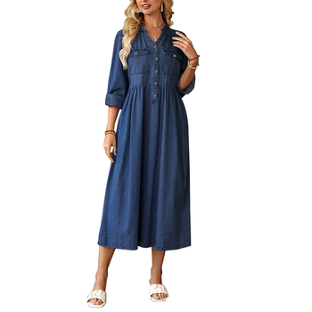 Дънена рокля със стойка яка, дълги ръкави, дълга пола, измита повърхност, памук-еластанова смес