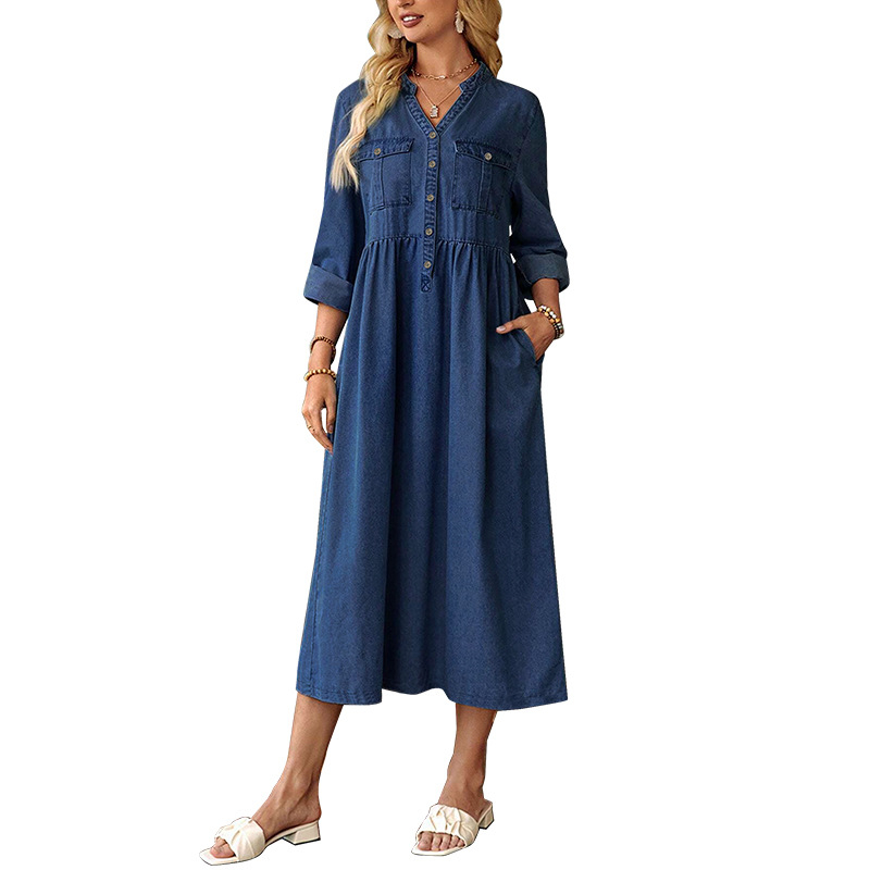 Дънена рокля със стойка яка, дълги ръкави, дълга пола, измита повърхност, памук-еластанова смес