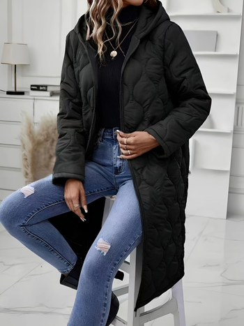 Palto gros de lungime medie, cu umplutură de bumbac, guler Turn-Down, mâneci lungi, țesătură din celuloză regenerată (90–95%), lungime extinsă