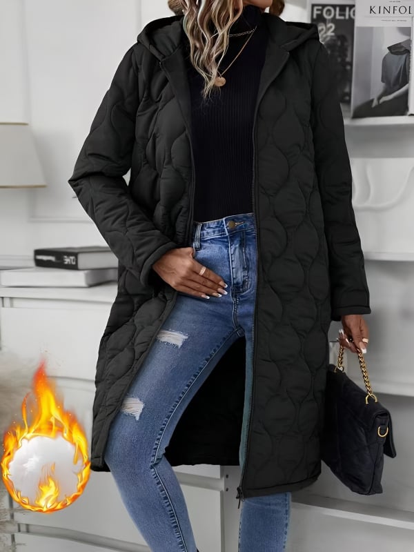 Palto gros de lungime medie, cu umplutură de bumbac, guler Turn-Down, mâneci lungi, țesătură din celuloză regenerată (90–95%), lungime extinsă