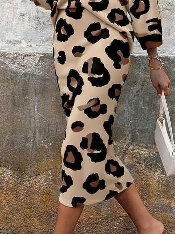 Γυναικείο σετ φούστα με λεοπάρ σχέδιο, πολυεστέρας 95%+, μακριά μανίκια, μεσαίο μήκος φούστας, άνοιξη 2025
