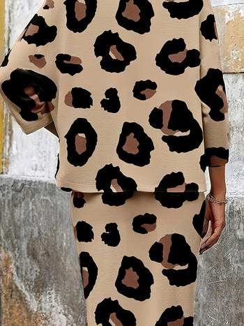 Γυναικείο σετ φούστα με λεοπάρ σχέδιο, πολυεστέρας 95%+, μακριά μανίκια, μεσαίο μήκος φούστας, άνοιξη 2025