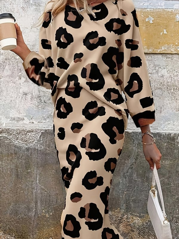 Costum fustă leopard pentru femei, poliester 95%+, mâneci lungi, lungime fustă medie, primăvara 2025