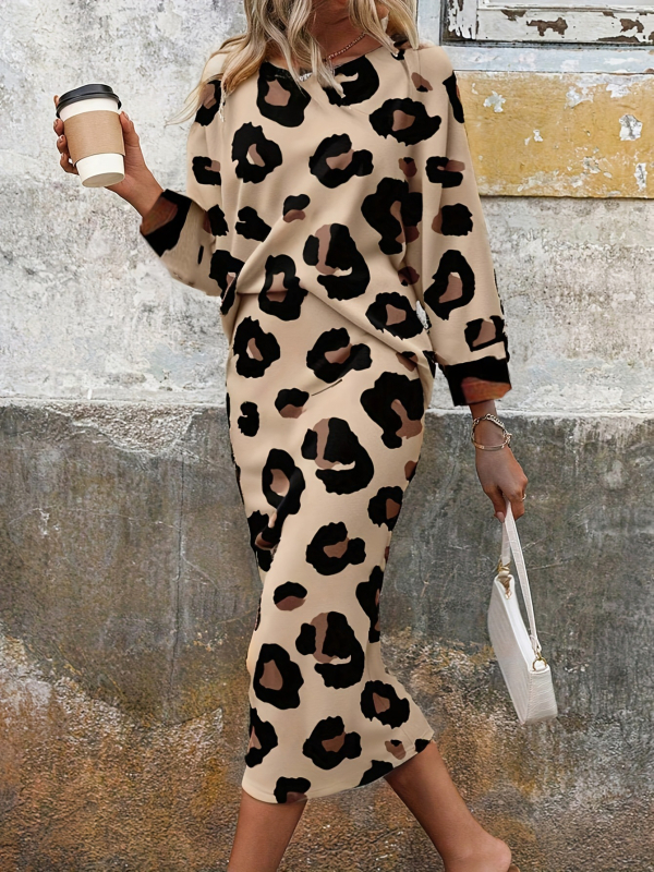 Costum fustă leopard pentru femei, poliester 95%+, mâneci lungi, lungime fustă medie, primăvara 2025