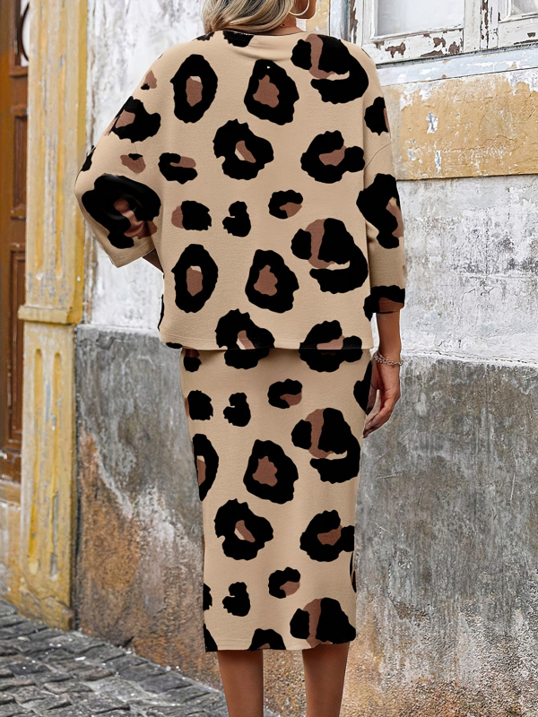 Costum fustă leopard pentru femei, poliester 95%+, mâneci lungi, lungime fustă medie, primăvara 2025