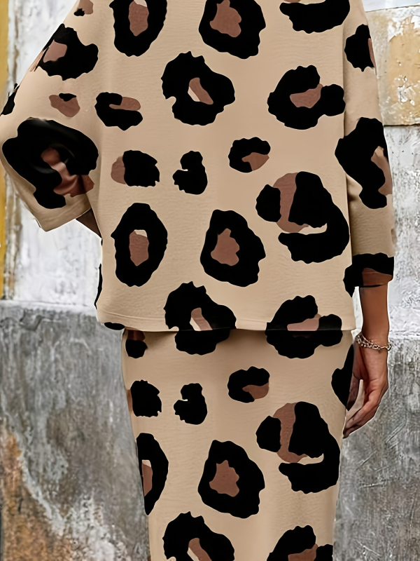 Costum fustă leopard pentru femei, poliester 95%+, mâneci lungi, lungime fustă medie, primăvara 2025