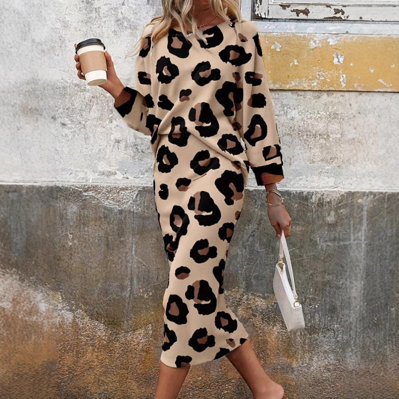 Costum fustă leopard pentru femei, poliester 95%+, mâneci lungi, lungime fustă medie, primăvara 2025