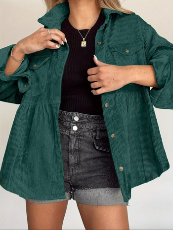 Риза Corduroy с дълги ръкави, лафел яка, свободна кройка, полиестер 50-70%