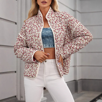 Palton de femei din poliester-cotton, cu guler înalt, imprimeu floral, croială lejeră, mâneci lungi