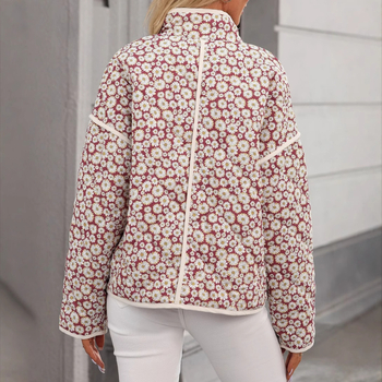 Palton de femei din poliester-cotton, cu guler înalt, imprimeu floral, croială lejeră, mâneci lungi