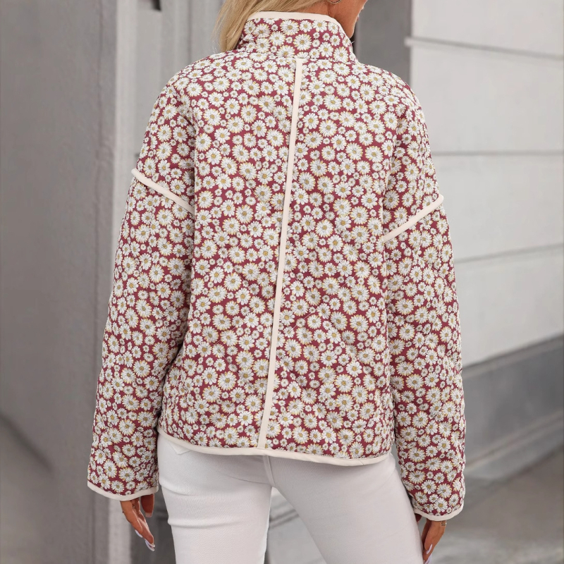 Palton de femei din poliester-cotton, cu guler înalt, imprimeu floral, croială lejeră, mâneci lungi