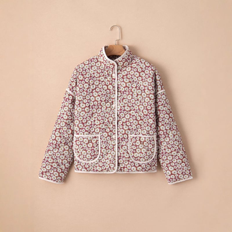 Palton de femei din poliester-cotton, cu guler înalt, imprimeu floral, croială lejeră, mâneci lungi