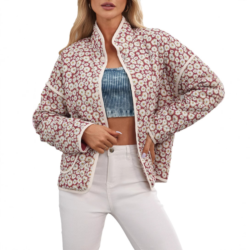 Palton de femei din poliester-cotton, cu guler înalt, imprimeu floral, croială lejeră, mâneci lungi