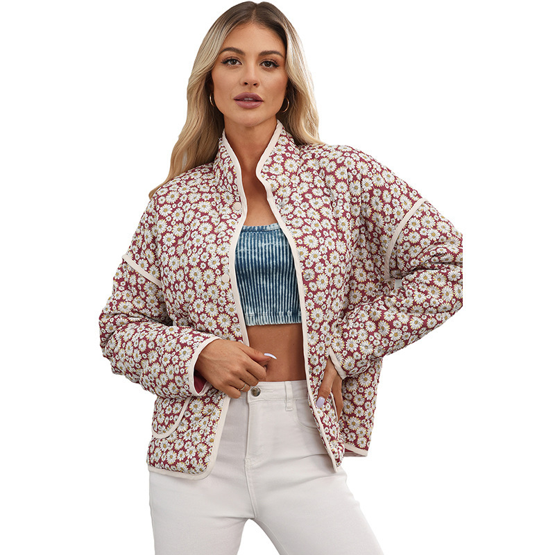 Palton de femei din poliester-cotton, cu guler înalt, imprimeu floral, croială lejeră, mâneci lungi