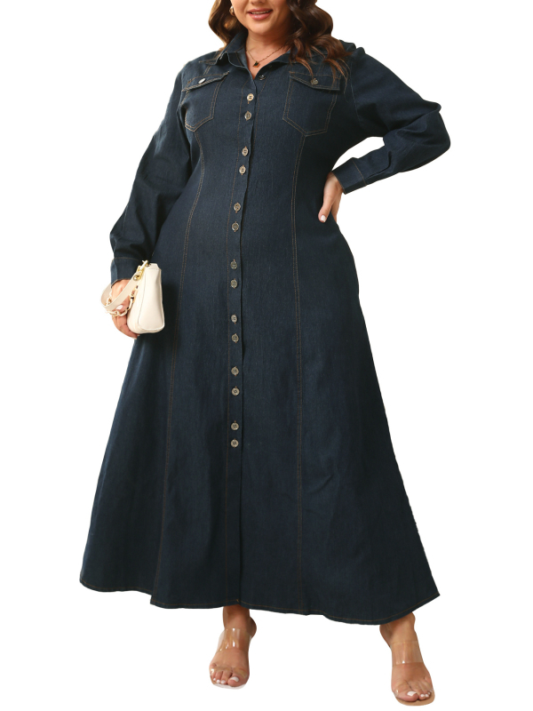 Palton lung din denim, amestec bumbac-poliester, guler rever, mâneci lungi