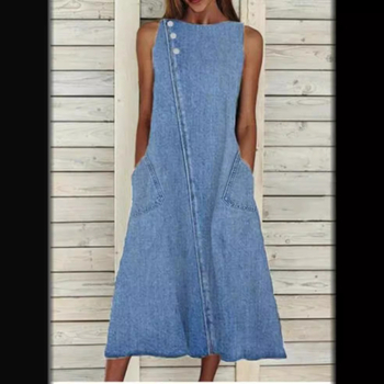 Φόρεμα τζιν με πλυμένο φινίρισμα, μακρύ μήκος, στρογγυλός λαιμός, χωρίς μανίκια, χαλαρή μέση