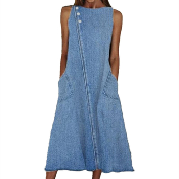 Φόρεμα τζιν με πλυμένο φινίρισμα, μακρύ μήκος, στρογγυλός λαιμός, χωρίς μανίκια, χαλαρή μέση