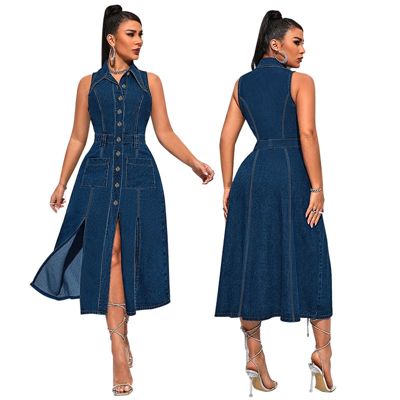 Rochie din denim cu mâneci lungi, guler tip rever, lungime maxi, conținut de bumbac 50–70%, toamnă 2024.