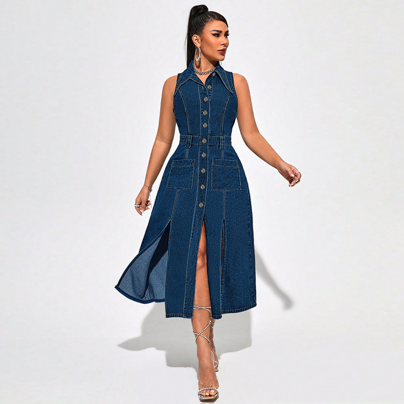 Rochie din denim cu mâneci lungi, guler tip rever, lungime maxi, conținut de bumbac 50–70%, toamnă 2024.