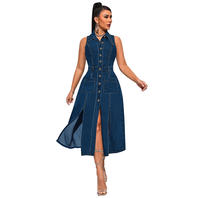 Rochie din denim cu mâneci lungi, guler tip rever, lungime maxi, conținut de bumbac 50–70%, toamnă 2024.