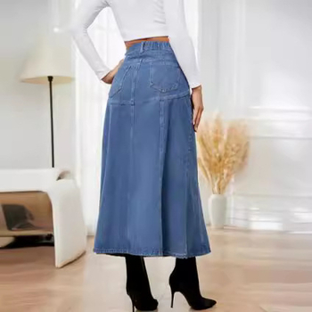 Τζιν φούστα μίντι τύπου ομπρέλα, με ψηλή μέση, μονόχρωμη