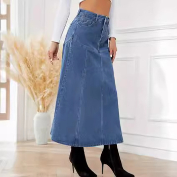 Τζιν φούστα μίντι τύπου ομπρέλα, με ψηλή μέση, μονόχρωμη