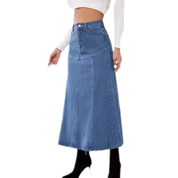 Τζιν φούστα μίντι τύπου ομπρέλα, με ψηλή μέση, μονόχρωμη