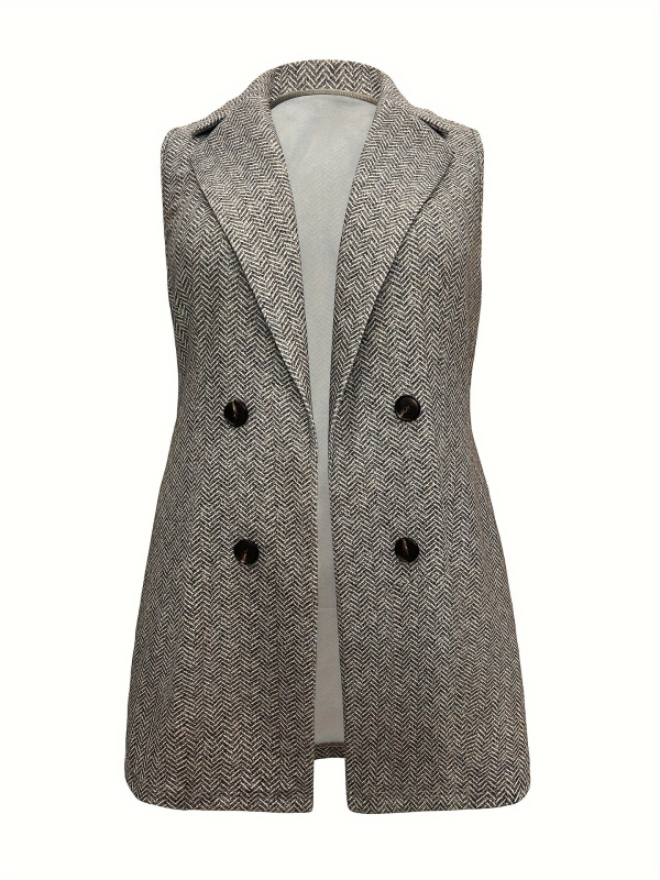 Moteriška be rankovių liemenė su gėlėtu languotu raštu, audinys poliesteris/elastanas, švarko tipo apykaklė, dvigubo užsegimo, vidutinio ilgio, visoms metų laikams